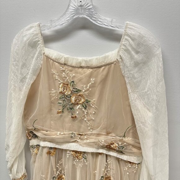 Maizishule Beige Floral Embroidered Midi Dress | Boho Sheer Long Sleeve Size L - Picture 14 of 16